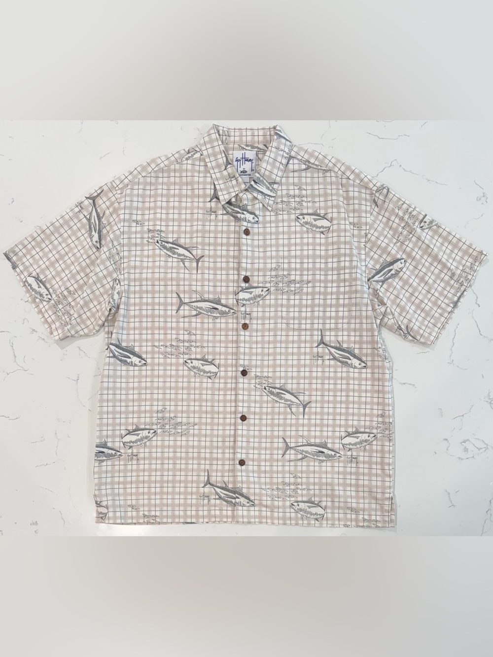 Guy Harvey Bluewater Tuna Fish Print Button Front Fishing Shirt Men’s XL Coastal
